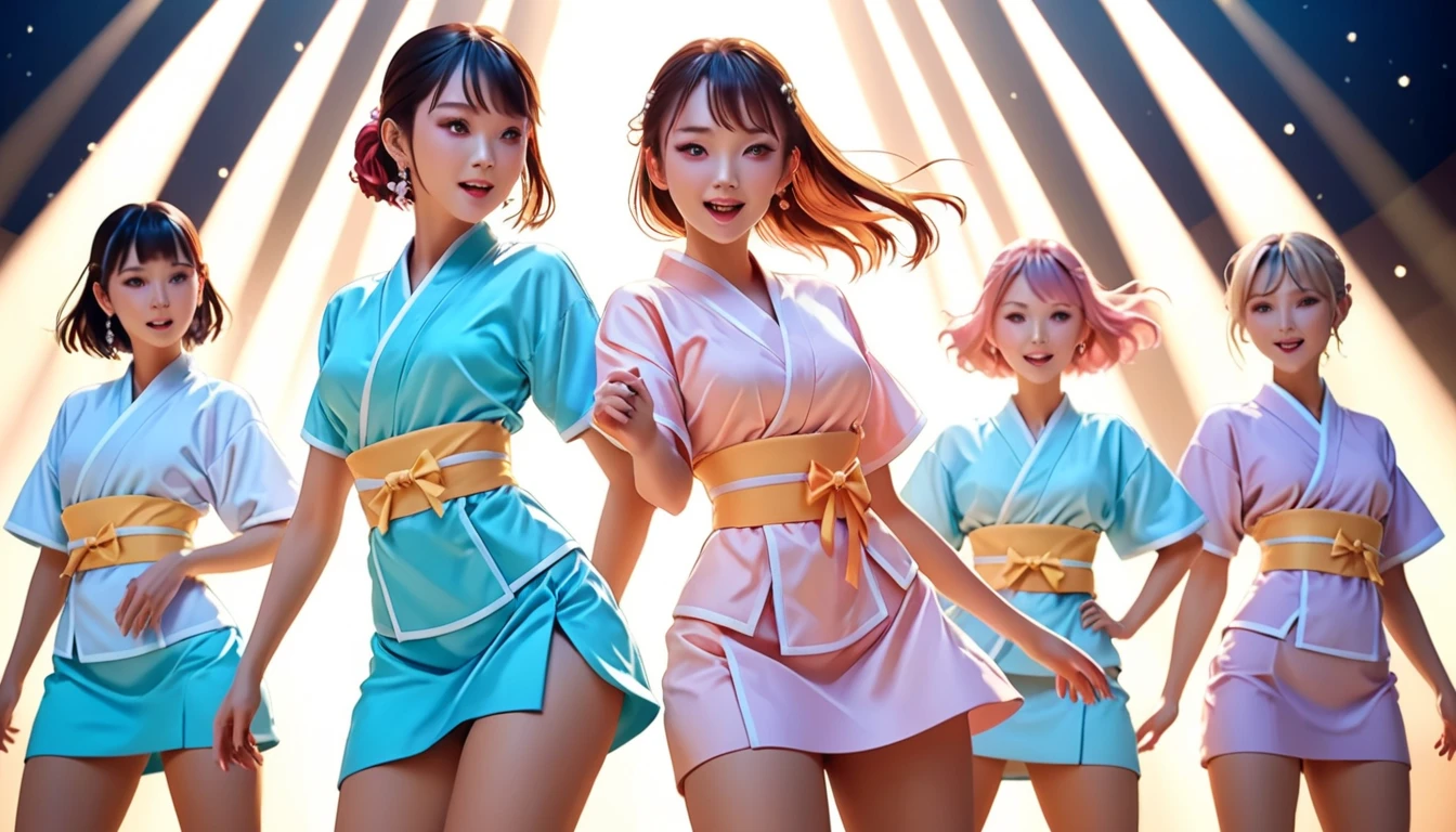 ((masterpiece、Highest quality、Official Art))、snap shot、Idol Concert、Concert Stage、(3人のcute girls、12 yee、sing、dance、Ribbon headband、Ultra mini skirt:1.2、Idol Costumes:1.2 )、Exposing the breasts、Hair of dt colorr.々Hair style、(((Full nudity、Pussy、cute)))、(Swlot、GloSkin)、Anime key visual, ((The characters are unique))
