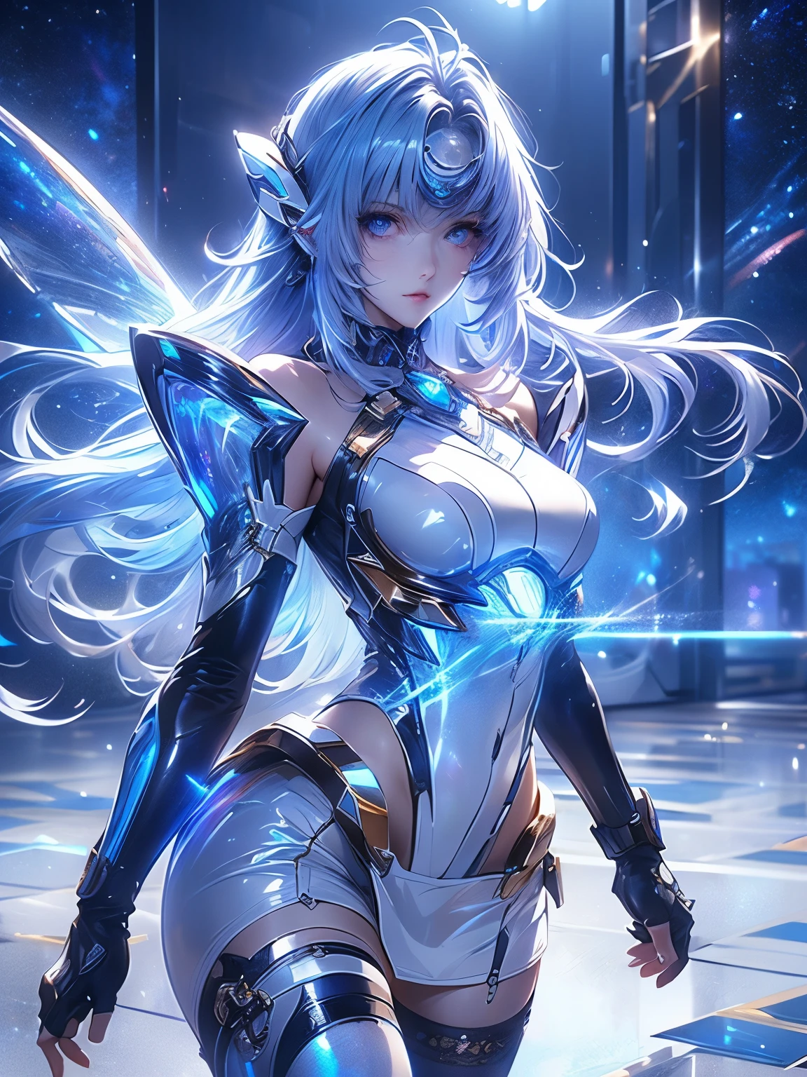 Full body KOS-MOS , (( holographic glossy effect)), score_9, score_8_Excellent, score_7_Excellent, 32K ,Detailed Depiction )(( highly detailed CG integration ), CGSoation Trends、 Super Real Highly Detailed Faces 、Bluish purple hair、 straight hair, SHINY AND CLEAN HAIR 、 White Shiny Skin 、 sexy cyberpunk girl 、 fiberglass 、Light emitting tube、(( Dark blue eyes :1.4, Clear Eyes, A board with detailed eyes , beautiful eyelashes ))、Red Lips, Neon Details、 Mechanical Hands 、 Mechanical spine attached to the back 、mechanical neck worn around the neck 、 head 、 Space Background Radiation 、 rat path section、white latex hi-leg leotard(( Valkyrie ))、(( are standing+Combat Stance)),(( sexy model pose ))、(( Dramatic Graphic Backdrop :(( Mirrored Floor ))、blue moon object 、light vortex、Starry Sky , )(( top quality)),( ultra high resolution),( super detailed) high heels,cowboy shot, ,