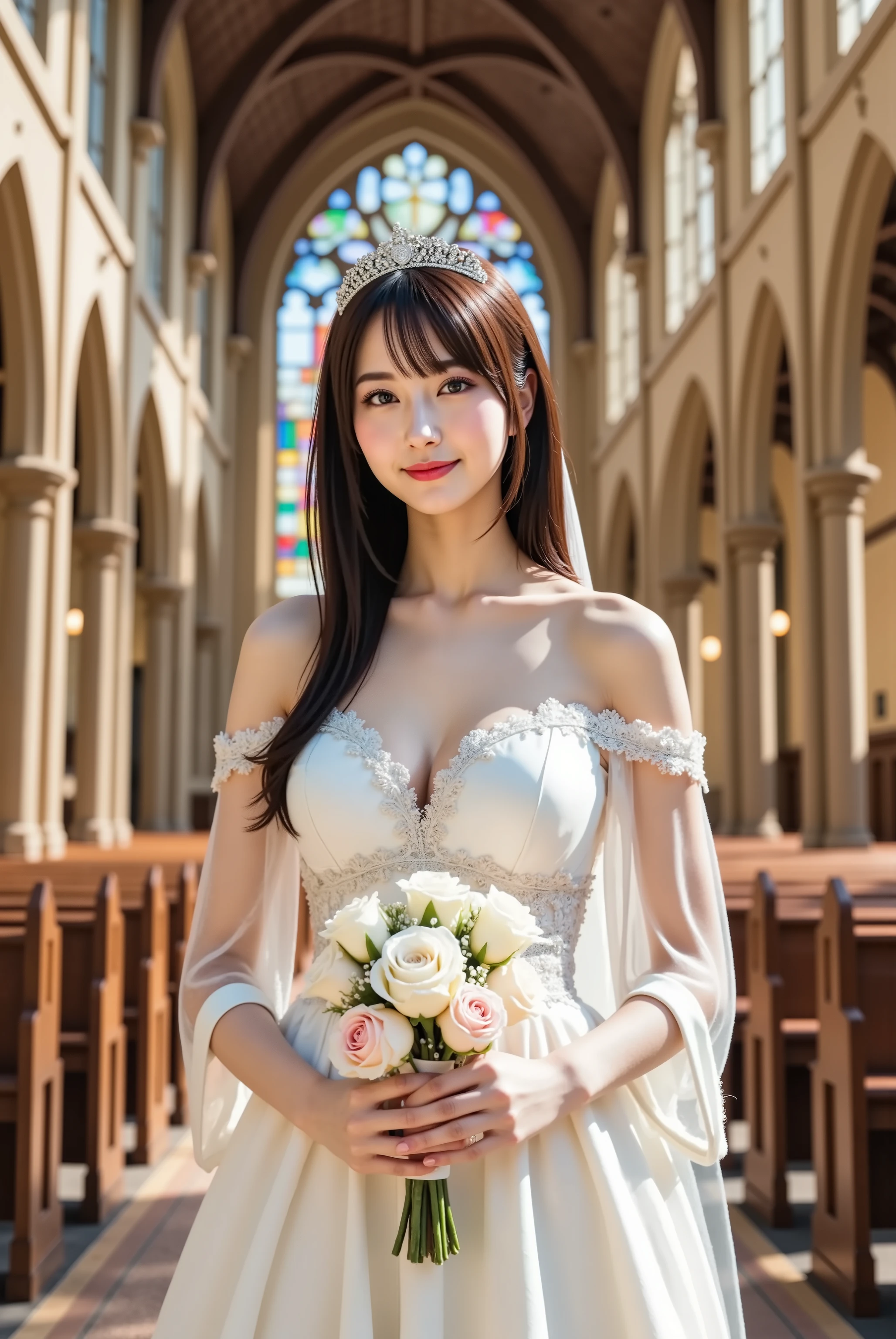 A stunning slender young woman with voluminous full breasts and prominently displayed deep cleavage stands gracefully in the center aisle of a grand Gothic cathedral, holding a delicate bridal bouquet of white and pink roses in both hands positioned at waist level with arms slightly bent, wearing an elaborate white wedding dress with off-shoulder sweetheart neckline featuring intricate lace embroidery, form-fitting bodice with deep plunging neckline, short mini-length skirt with layered ruffles and lace trim, sheer lace sleeves draping off her shoulders, flowing white bridal veil cascading down her back, ornate silver tiara adorning her crown, long flowing hair with individual strands rendered with photorealistic detail, piercing eyes with detailed iris patterns, flawless porcelain skin with subtle bridal makeup, elegant white high-heeled shoes with ankle straps, standing in a confident bridal pose with one foot slightly forward, shoulders back and chest prominently displayed, weight distributed evenly with a gentle smile, surrounded by magnificent Gothic cathedral interior featuring soaring ribbed vaults, ornate stone columns, colorful stained glass windows casting rainbow light patterns, wooden pews, warm natural lighting filtering through stained glass creating dramatic illumination and soft shadows, captured in ultra-high definition digital photography with cinematic composition, shallow depth of field focusing on the bride while blurring the cathedral background, warm golden lighting with soft diffused illumination, rich color palette dominated by pristine whites and warm golden tones, professional bridal portrait photography with romantic mood and sacred atmosphere.