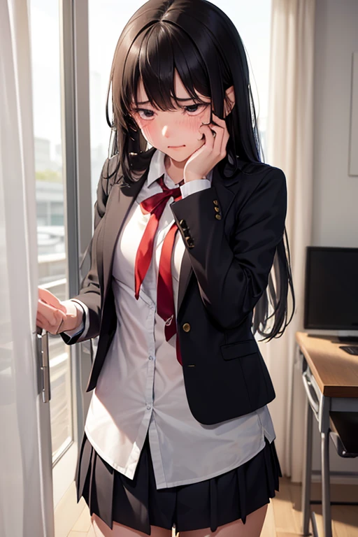 tmasterpiece,best qualtiy,ultra - detailed,illustratio,epic lighting,cinematic compositions,isometry,1girll,独奏,adolable,with brown eye,Black color hair,sweeping bangs,single hair,red hair clips,blouse with a white collar,black necktie,Black pantsuit,formal,captivating posture,inside in room,Open the door,Roll your eyes upwards,Open your mouth,Stick out your tongue,Shedding tears,Two-handed Biye,sitting on his knees on the bed,peeking out upper body,Be red in the face,seduct smile,(8K:1.1),