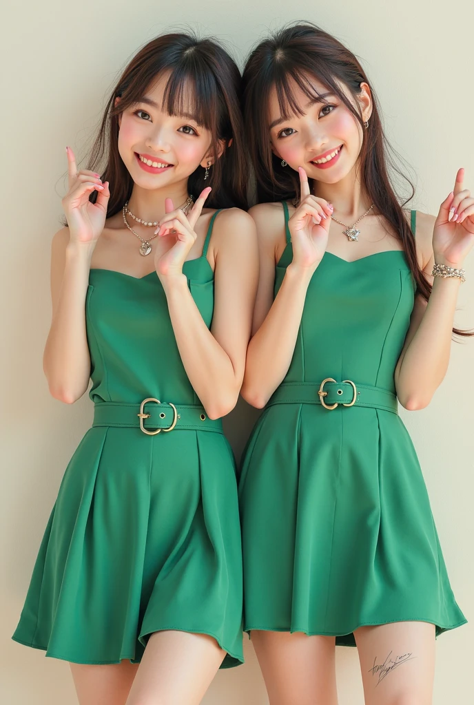 (3 girls), Young faceอินโดนีเซีย, smile, white skin, Round breast, blue eyes,(Wearing a green round neck dress with an elegant floral pattern.)Masterpiece, Highest quality, 8k, beautiful girl, Young face、 photography, Cute face, thigh,embarrassing valley、รอยsmile、((((((12 years old))))))、small waist,((Busty breasts))blue eyes(((big breasts:1.0)))cat ears