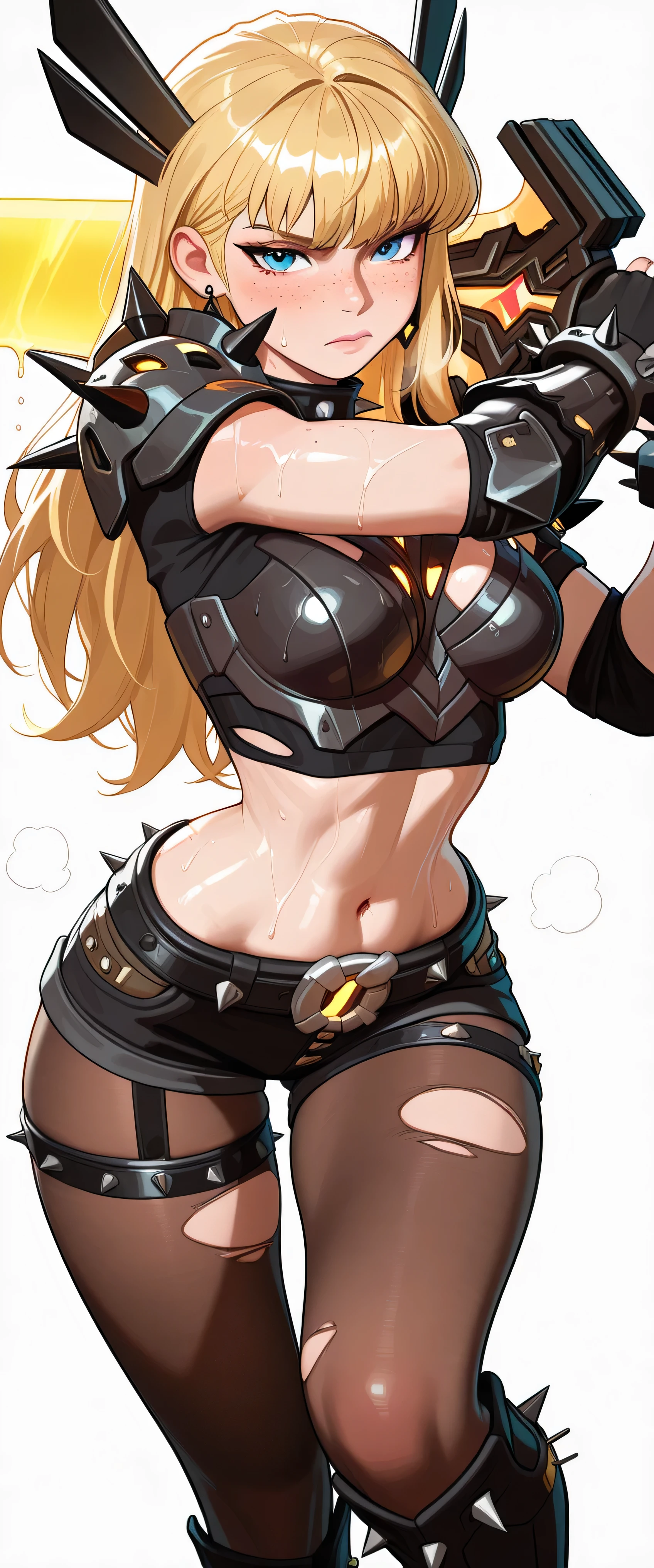 magik_mvr, 1girl, solo, blue eyes, hot, steaming, steaming body, sweat, sweating, sweaty, sweaty body, wet, wet body, dripping, dripping sweat, blushing, embarrassed, nervous, closed mouth, (((white background))), looking at viewer, cowboy shot, fighting stance, dynamic pose, medium breasts, blonde hair, long hair, freckles, midriff, earrings, belt, black shorts, armor, shoulder armor, pauldrons, spiked bracelet, spiked collar, thigh straps, black gloves, fingerless gloves, brown pantyhose, torn pantyhose, knee boots, round butt, slim waist, skinny waist, wide hips, wide thigh gap, masterpiece, best quality, amazing quality, very aesthetic, absurdres, newest, giant sword, hourglass hips