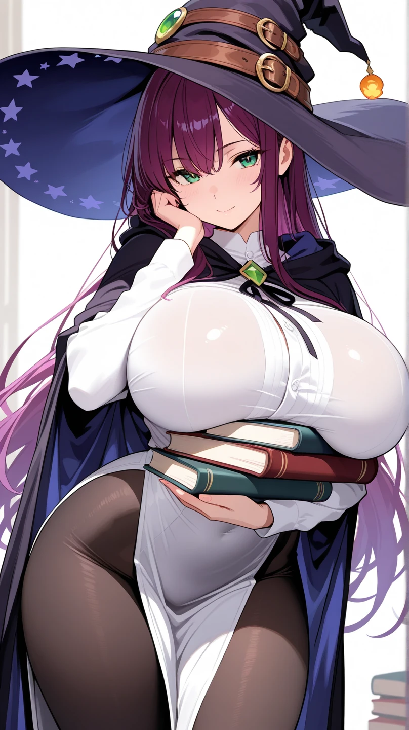 (girl long hair:1.2), (huge tits:1.0), (mage:1.5), (dark atmosphere), (holding book:1.0)