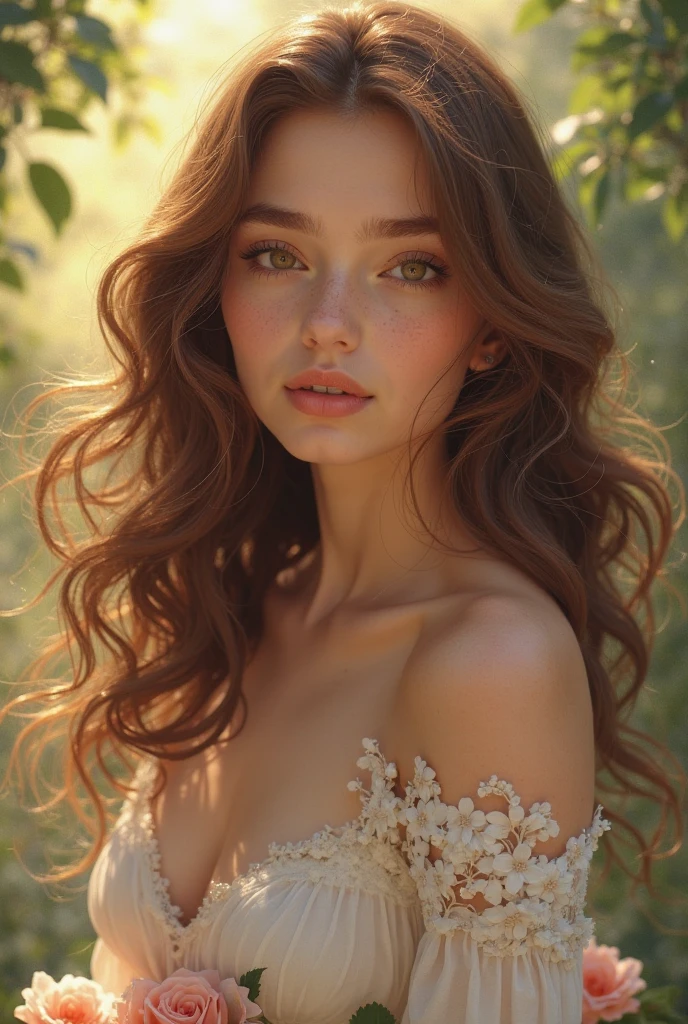 BRUT, analog, Nikon Z 85mm, photographie glamour primée,((best quality)), ((head of'artwork)), ((realistic)), 18ème siècle, image vintage, Stunning French woman wearing, lace dress and corset, wear a crown, 2, (Brown curly long hair), des yeux noisette, small perky breasts, sitting outside on the beach, , ((smalll breasts)), innocent, pedal flowers in the air, (freckled:0.6), intricate details, very detailed, sharpness, professionnel, 4K, fleurs de printemps qui s'flourish, Dieu rayons, hand model, beautiful blue eyes, , delicate, innocent,high resolution, detailed facial features, high details, sharpness, smooth, Aesthetic, extremely detailed, photo_\(ultra\), photorealistic, realistic, Post-traitement, maximum detail, roughness, real life, ultra realistic, photorealism, la photographie, 8k uh, la photographie, SEMI-SILHOUETTE Light, Russian face
