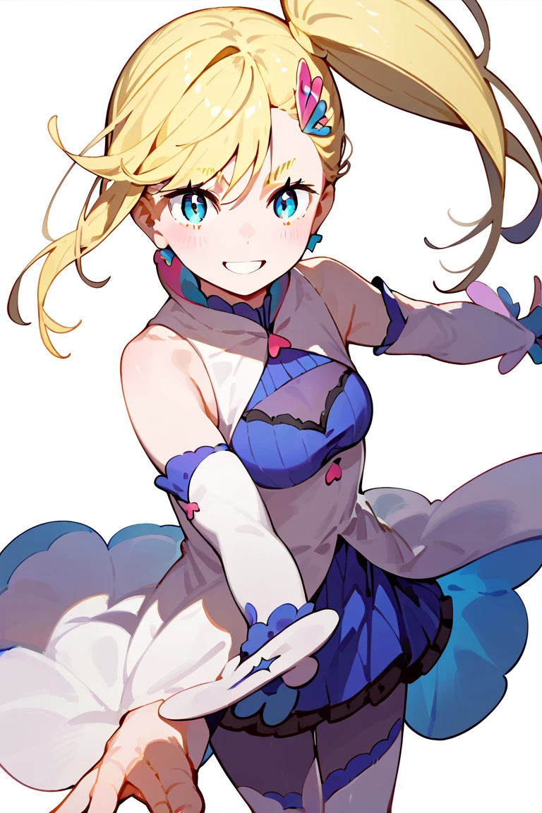 Minerva, 1girl, solo, blue eyes, large breasts, long hair, blonde hair, side ponytail. heart hair ornament, two-tone blue and white sleeveless dress, white detached sleeves past wrists, white thigh boots, cleavage_window, thigh_window,