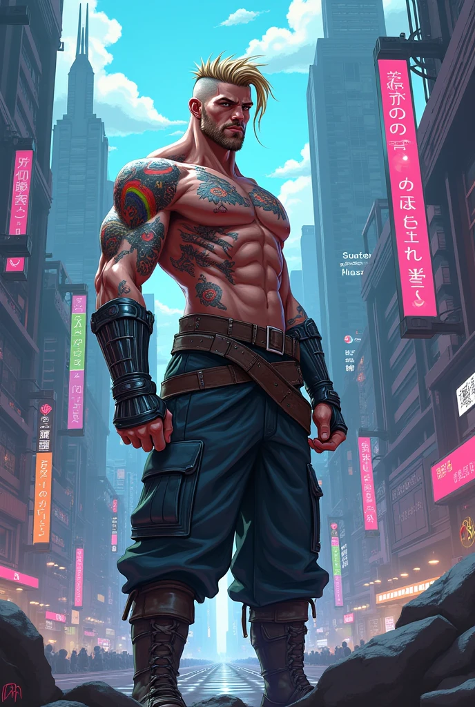 Create a man with very white skin and he is bald and has blue tattoos on his arm, He is shirtless and wearing brown leather pants and dark green boots, your eyes are light blue.
anime styling!!!