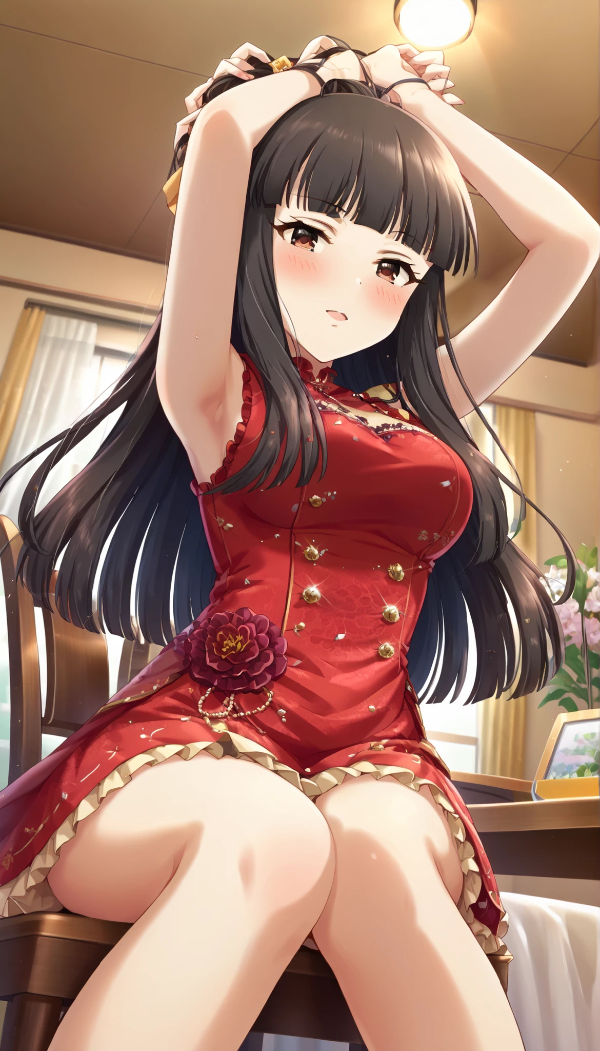 Italian girl, 25 years old, wavy brown hair, elegant low-cut red dress, busty, sitting, smiling,
