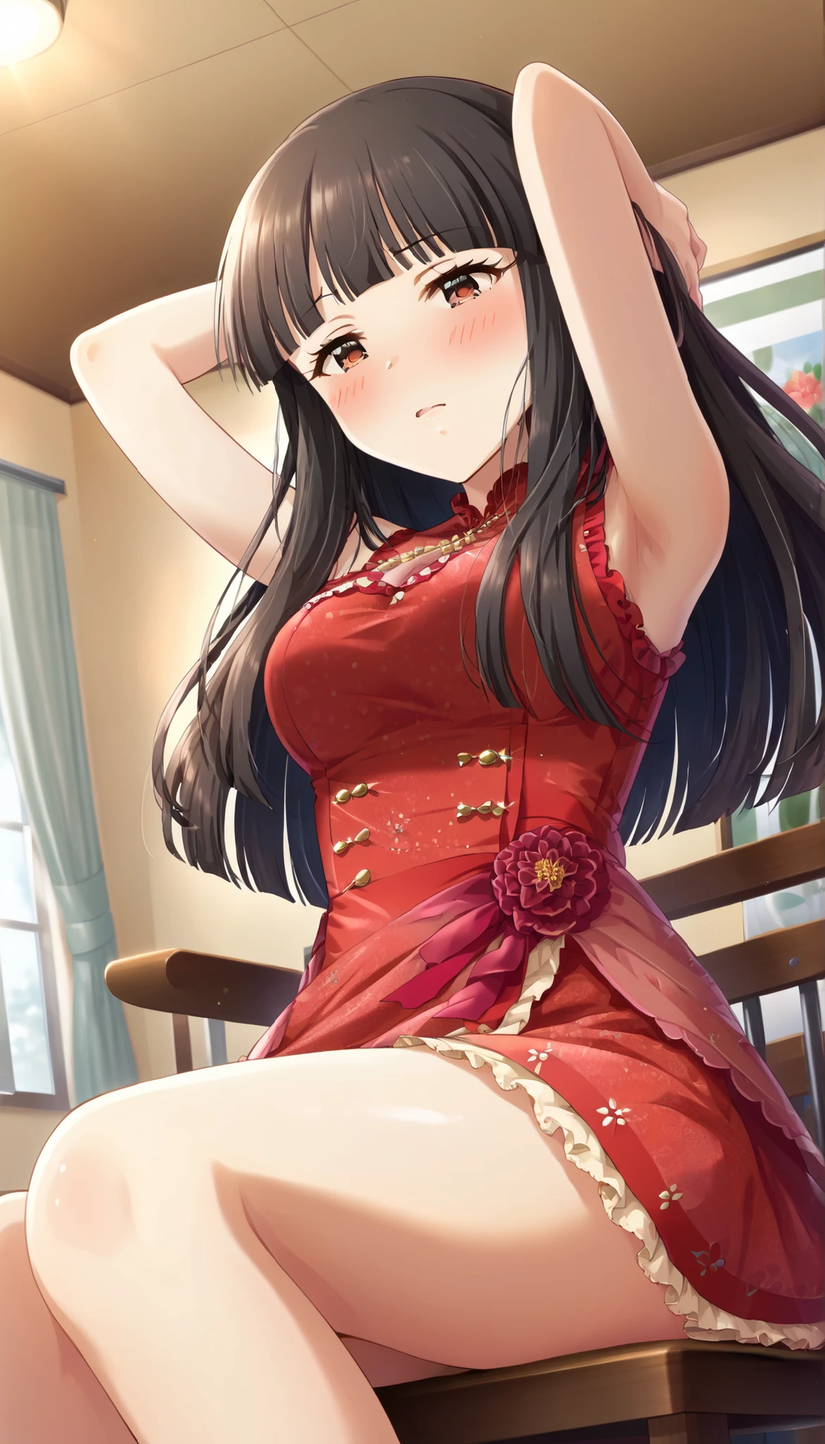 Takagi-san、Shiny brown hair, Long Hair,Forehead、Center part、 Beautiful brown eyes、smile、Sparkling eyes, (fine grain)、Very fine eye、Highly detailed face, Highly detailed eyes,
(masterpiece:1.3, Highest quality, 超High resolution, Super detailed), Cowboy Shot、 One woman,Highest quality, masterpiece, High resolution,
Tabletop,Highest quality,High resolution,The finer details,
blush,curve,Beautiful breasts,Sweat,Oily skin,(A black sleeveless Chinese mini dress with vibrant embroidery),(Luxury hotel room)、、Embarrassed laugh、Slouching and stretching the bottom、Absolute area