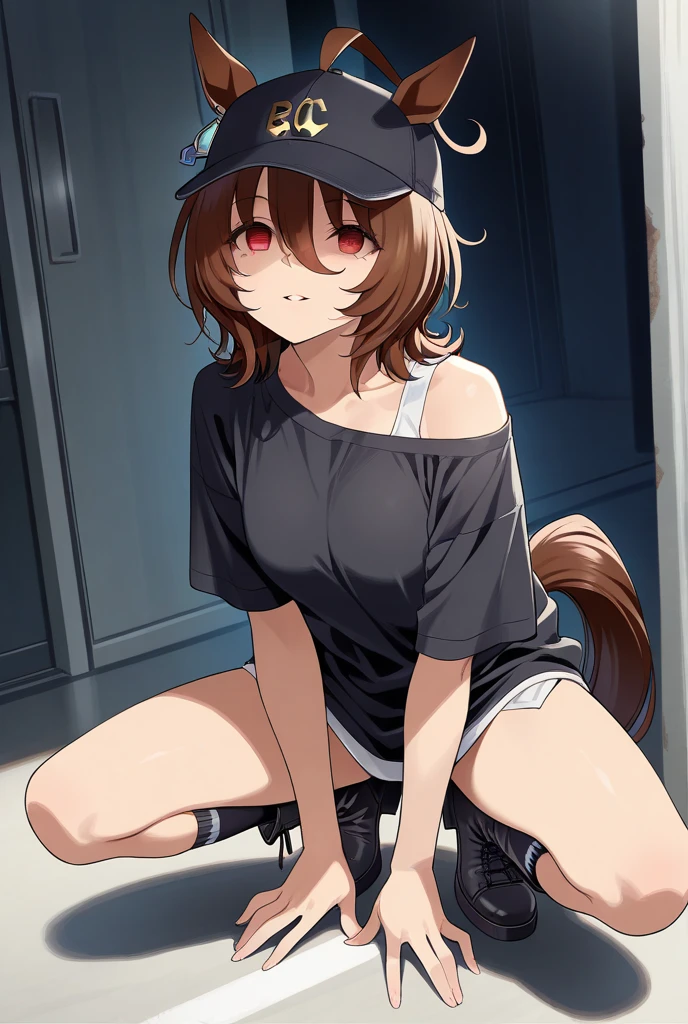 Masterpiece, intricate, anime style, full body, 1girl, rakkun, racoon girl, racoon ears, 1tail, fluffy tail, racoon tail, brown and light brown ringed tail, red and blue eyes blurred, short hair, red inner hair, brown hair, a strand of hair on the left side, red hair strips, short black shirt uncovered on the shoulders and with a black mesh with black borders up to the collar, polo shirt, short black skitr whit dark red checkered, black belt around the waist, looking at viewer, best quality, 4k,highres, professional art, professional drawing, professional lineart, outlined markers