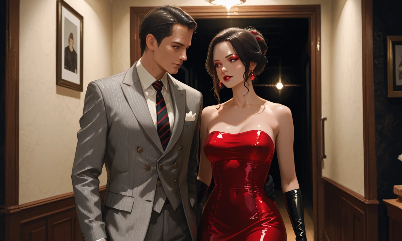 A powerful, rich man with a young woman in red