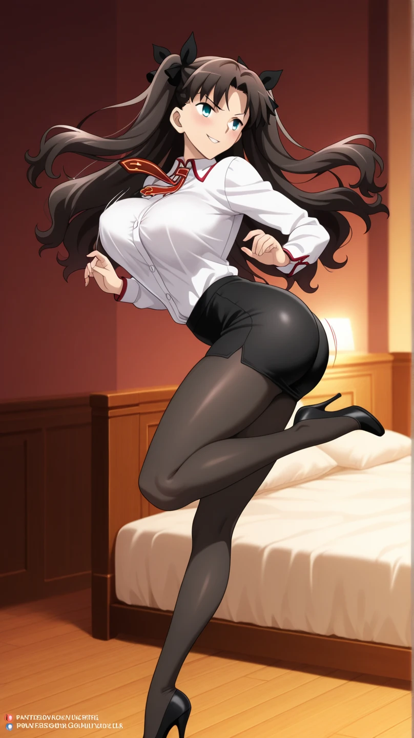 Highest quality, masterpiece, High Resolution, One girl, pooping, Aoko, long hair, brown hair, black shirt, red dress, long sleeves, black pantyhose, Aozaki 　Aoko, farting, Ass, hyper Ass, huge Ass, jeans,