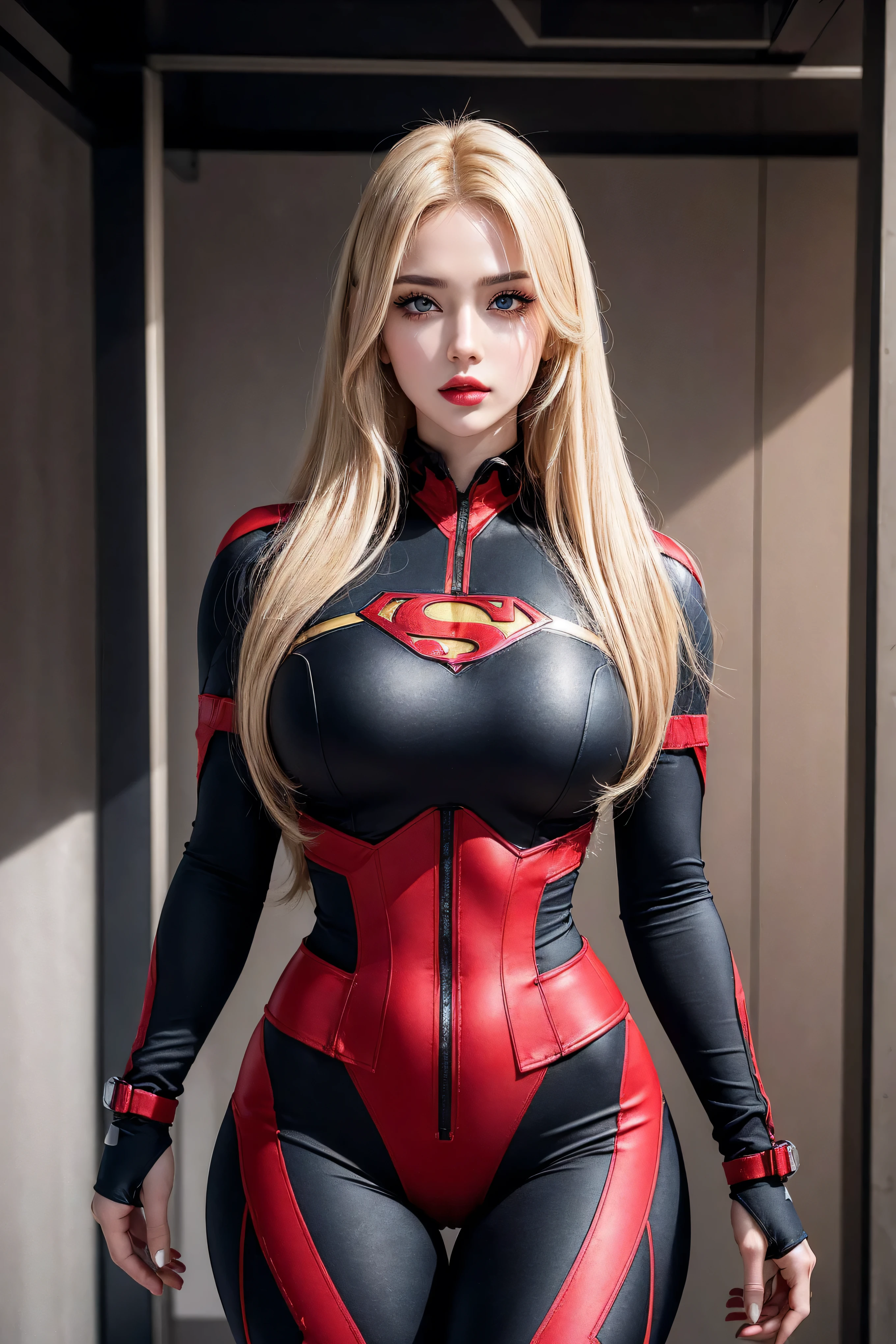 1 girl, (((17 years))), (((Perfect body))), masterpiece, best quality, 8K, Extremely detailed skin texture, Extremely detailed fabric texture, Beautiful and delicate face, (((Extremely beautiful))), Intricate details, Extremely detailed, ((Black Widow in Superman style)), (((Curly Blonde))), Extremely beautiful blonde, (((Extremely detailed long hair))), big red hairtie, Ponytail, Dynamic poses, ((Clothes that show thighs)), (Extremely detailed legs), ((shorts)), ((skirt)), (((Wide hips))), (Extremely detailed thick thighs), Sexy, Seductive pose, (((Extreme hourglass figure))), Extremely detailed deep red lipstick, Extremely detailed lips, Extremely detailed blue eyes, Beautiful appearance, (Slanted eyes), Extremely detailed provocative mouth, Extremely beautiful seductive lips, blush, Professional Makeup, Eyeshadow.