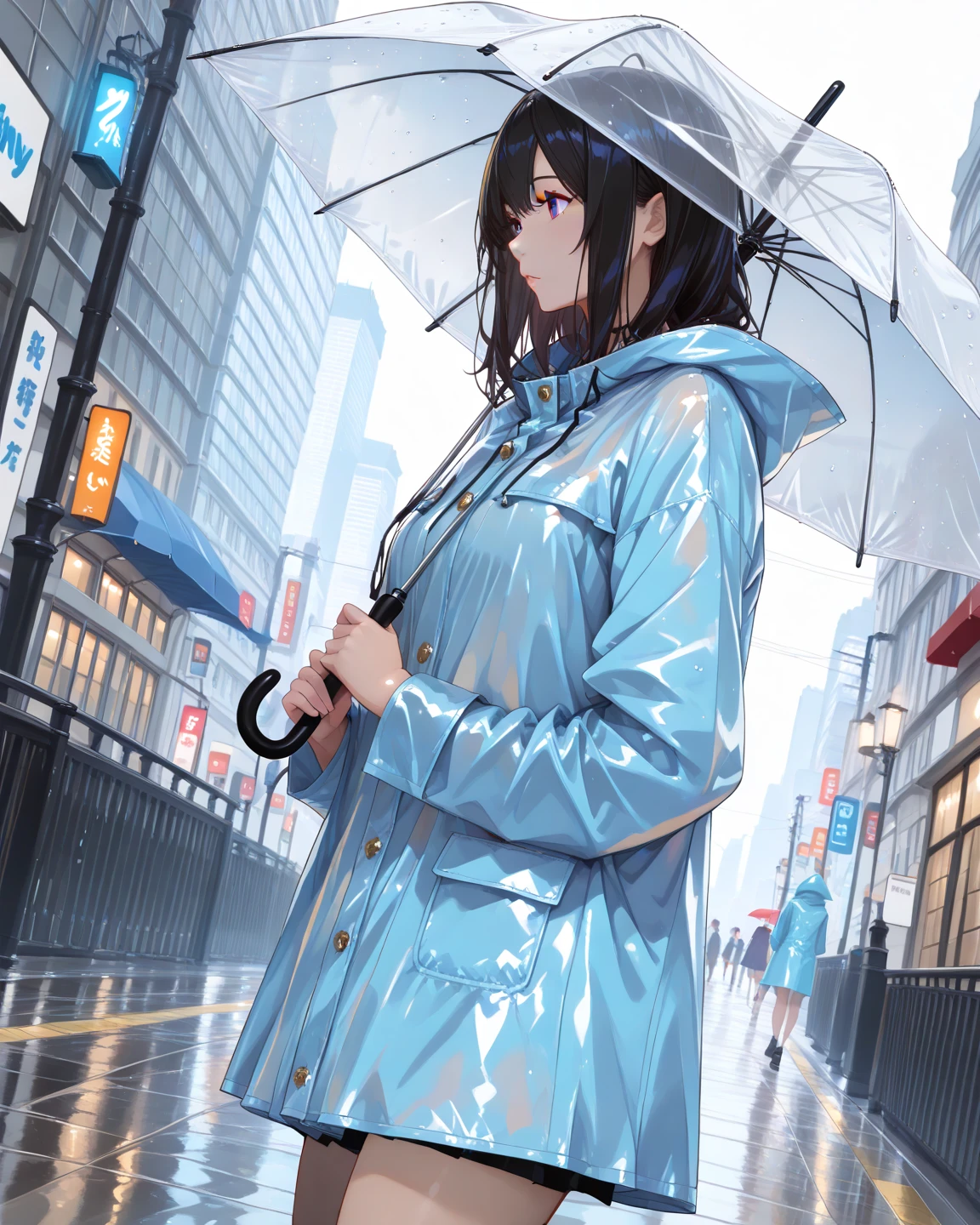 in the rain，A girl wearing only a transparent raincoat