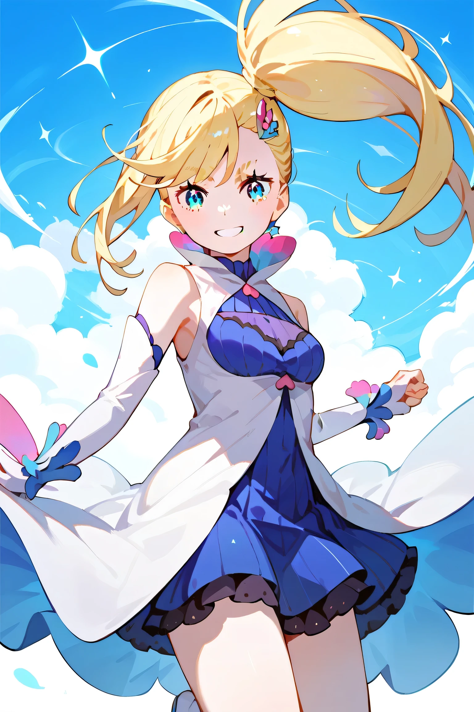 <lora:Minerva:0.6>, Minerva, 1girl, solo, blue eyes, large breasts, long hair, blonde hair, side ponytail. heart hair ornament, two-tone blue and white sleeveless dress, white detached sleeves past wrists, white thigh boots, cleavage_window, thigh_window,