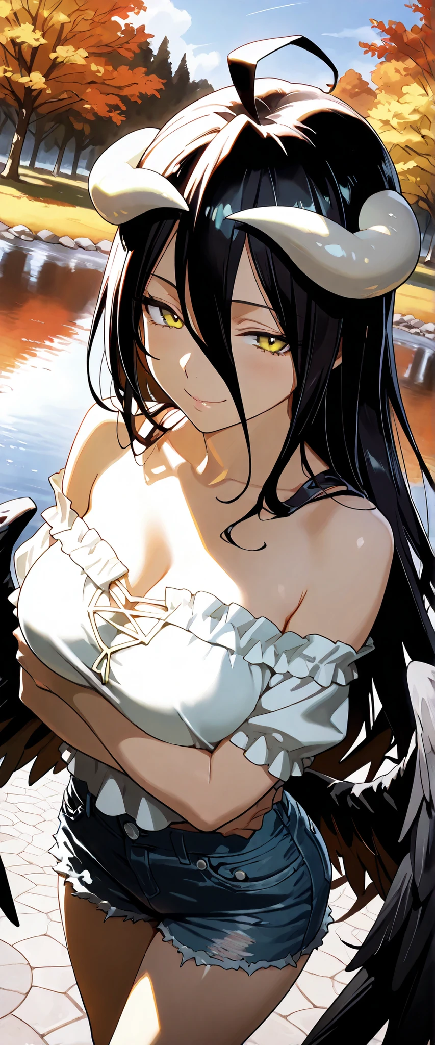 1 woman, albedo (overlord), dutch angle, white horns, black hair, yellow eyes, black wings, white top, bare shoulder, denim shorts, beautiful park, beautiful lake, autumn, outdoors, seductive smile, seductive pose, chiaroscuro, masterpiece, high quality, highly detailed