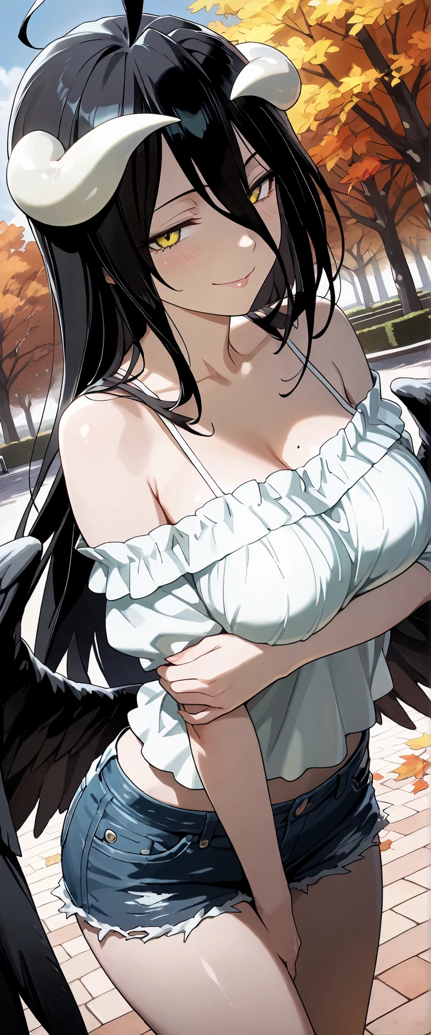 1 woman, albedo (overlord), dutch angle, white horns, black hair, yellow eyes, black wings, white top, bare shoulder, denim shorts, beautiful park, autumn, outdoors, seductive smile, seductive pose, chiaroscuro, masterpiece, high quality, highly detailed