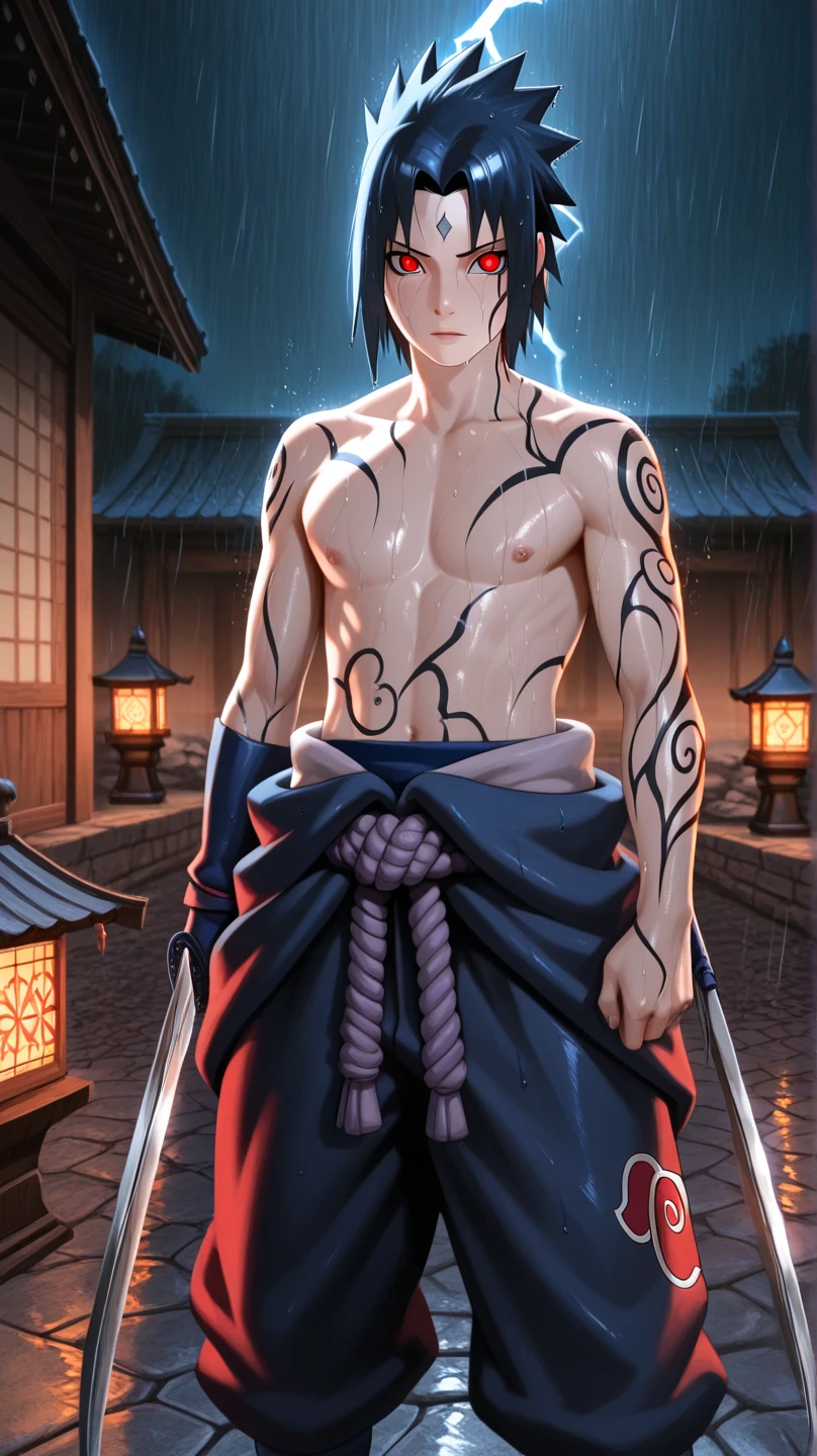 1boy, Sasuke, a man with a sword in his hand, purple skirt, wearing SSK_outfit, posing for a picture, left shoulder exposed, abs, <lora:sasuke:0.8> , dynamic pose, (masterpiece:1.4),(best quality:1.4),(shiny skin),realistic, eastern architecture , masterpiece, highly detailed, 8K, stunning, hdr, subsurface scattering, global illumination, cinematic lighting, sunlight, realism, hyperrealistic , best quality, highres, (RAW photo:1.2), (photorealistic:1.2),(masterpiece:1.4), illustration, artstation, Alembert Oclusion, SSAO, Bokeh, Cinematic, Depth of Field, DOF, Vignette, Anti-Aliasing <lora:sakimichan-v1.5fix-lora-32dim-9ep-novae-newcraft:0.8>, art by sakimichan , (sakimi-style:0.8), (nixeu_soft:0.2)