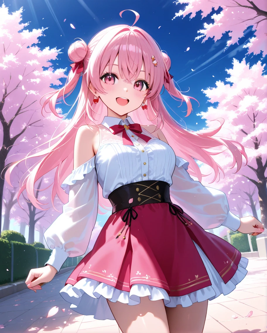 photo of a iom girl, <lora:Sakura_miko5:0.5>, arms behind back, smile, garter straps, hairclip, long sleeves, shoulder cutout, collared shirt, flower, corset, neck bell, red bowtie, red skirt, white shirt, green eyes, pink hair, frilled skirt, large breasts, low twintails, plaid skirt, sleeveless shirt, detached sleeves, black headwear, black thighhighs, ahoge, bare shoulders, 1girl, hair ornament, virtual youtuber, belt, vertical striped shirt, cherry blossom trees, outdoors, city, the clock tower