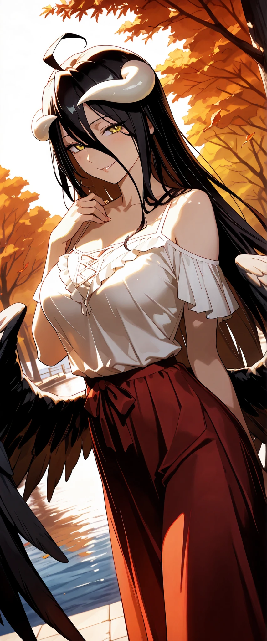 1 woman, albedo (overlord), dutch angle, white horns, black hair, yellow eyes, black wings, white blouse, red skirt, beautiful harbor, autumn, outdoors, seductive smile, seductive pose, chiaroscuro, masterpiece, high quality, highly detailed