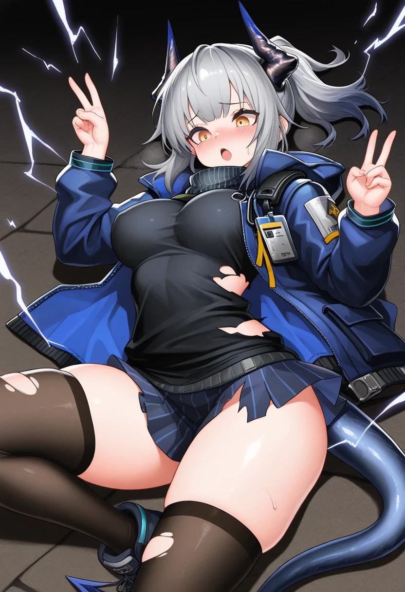 masterpiece, Highest quality, High resolution, Neferpitou 1, Gray Hair, Cat ear, (Feline tail:0.6), alone, short hair, Red eyes,  Hair between the eyes, :3, Curly Hair, Striped, Cat girl, shirt, Long sleeve, pantyhose, collared shirt, blue shirt,, shoes, shoes下, Thick thighs,, Place your arms behind your back, Mischievous face、Pussy、Thick white love juice、Drip a large amount of love juice、orgasm、Background Nature、Intense masturbation、Intense masturbation、blush、Embarrassed expression、Sweat、Pleasure、Spread your legs、Spread your legs、orgasm、Pee、incontinence、Pussyに指を入れる、sexual behavior、Sex、Big Breasts、sit、Lacy white panties