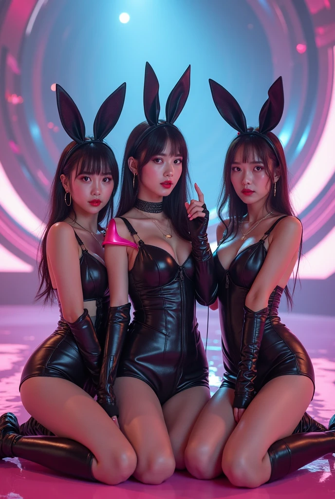 "A 4-member K-pop girl group with a dark and mysterious high school concept. They all wear dark uniforms, bunny masks, and have styled hair, creating an atmosphere of suspense and fascination."