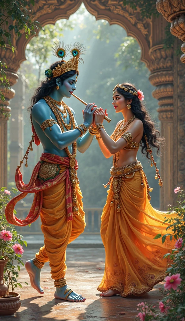 Girl singing bhajan in front of lord krishna on the joola by playing veenainstrument very closely