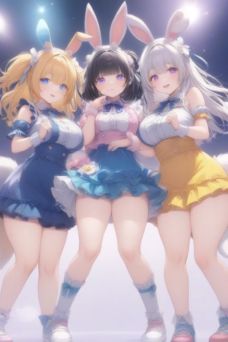 Plain white with big breasts emphasizedＴshirt、You can see the chest from the neck、Ultramarine and white striped mini skirt、When you lift up her skirt you can see her cute white frilly underwear.、barefoot、library、Three girls of different heights Magical girl with magic wand