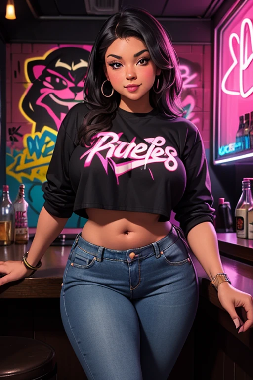 ((masterpiece, best quality)), Curvy Latina in black band logo shirt and pink cotton panties, in apartment overlooking the city, photo realistic, intricate details