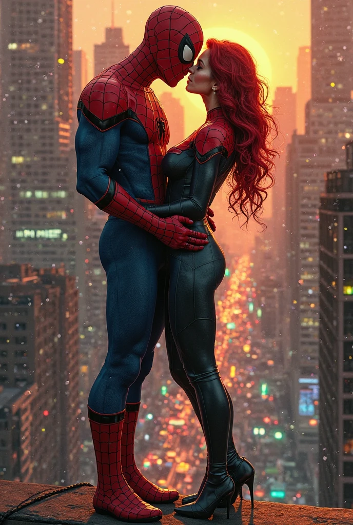 Young kid with red hoodie, headphones, rocket boots, & Spider gwen woman (Big tits & perfect body), Busty, fighting, power, fiction, full body, 2 persons, magic fire lasso, hight, fall, fire in boots, poweful spells, realistic, gun, flying in the sky, love, passion, kissing, Romance, kiss on the mouth, tongue kiss, kiss on the breasts, city, happy, blue sky, She Sitting on her legs, looking at camera
