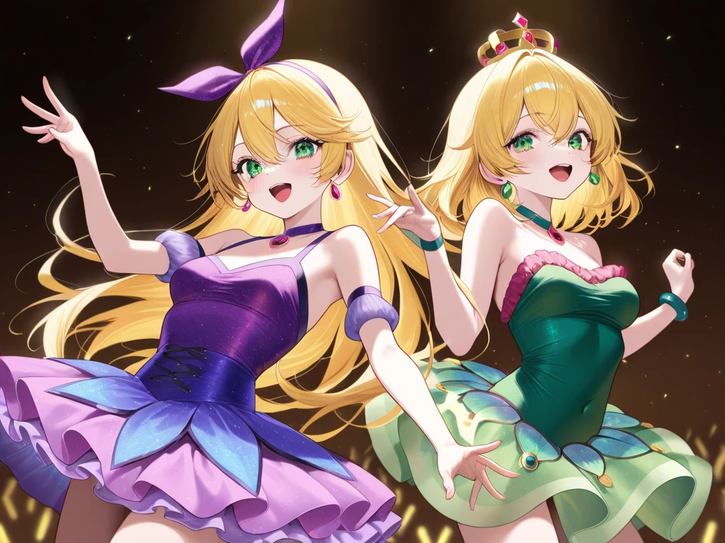 best quality, (masterpiece),(ultra-detailed), (high quality), (high resolution), (2heads:1.5) 1girl, (blonde hair), green eyes, hair ornaments, yellow armor chest piece, same hair color, teenage girl,((watermelon green magical girl)), magical girl, gentle smile, high ponytail