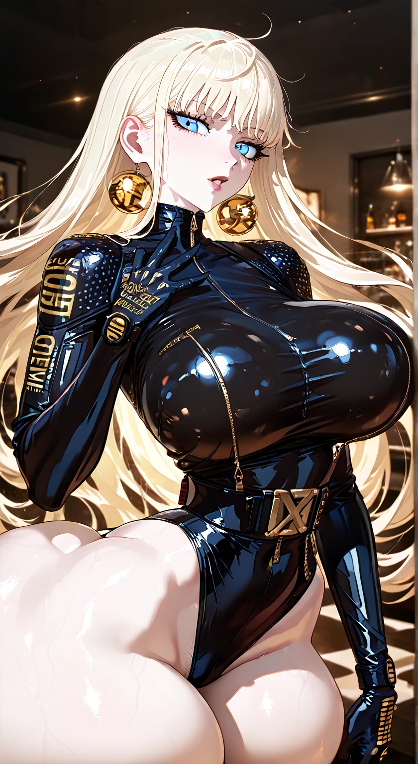 top-quality、realistic touch,high-detail、photoRealstic、、Long body、skirts that are too short、big eye、Her big breasts are so swollen that they threaten to tear her clothes........................、Strong platinum blonde eyelashes、platinum-blonde、Beautie、A sexy、full body Esbian、Sparkling eyes、Submissive smile、Flushed cheeks、Kamimei、thin-waist、Sleeveless、Voluptuous thighs、Enraptured look、rubbersuit、is standing、standing bang