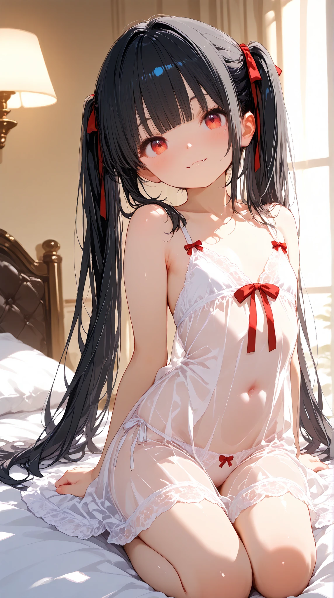 (masterpiece),High precision,1.7,Young body shape,Black Hair,Flat Chest,Pink areola,Erect nipples,,Natural light, Realistic, Diffuse Light, From directly below, (My underwear is see-through 1.3,Twin tails,Braiding, (camisole:1.3), Loincloth,loincloth