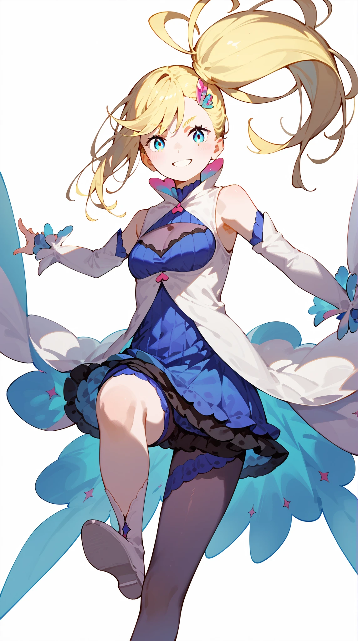 (Highest quality, masterpiece, Very detailedな, Very detailed, Exquisite, 16K,Full HD),(White Background:1.5),、smile、Lillie,No text,Please raise your right hand、Lower your left hand、Stand only on your right foot、Raise your left leg,(Detailed fingers),1people,White Dress,Upper Body
