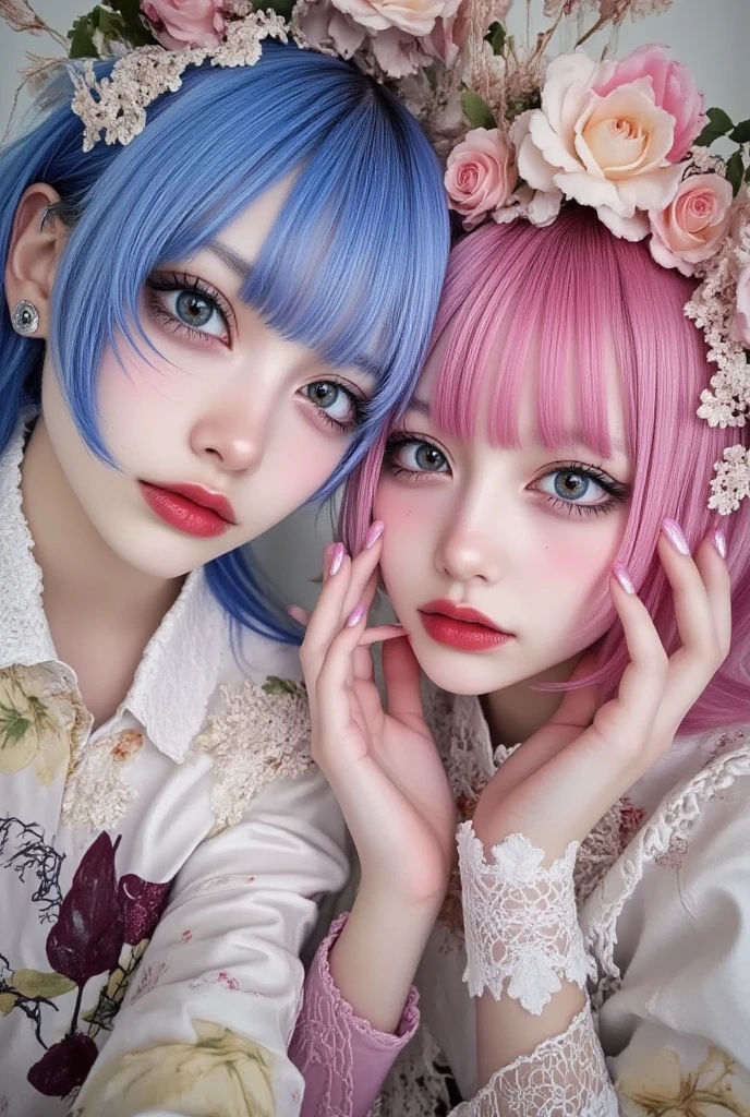 R_it is_meter, 1 girl,(beautiful face:1.25) short blue hair, blue eyes, hair above one eye, hair ornaments, pink hair ribbon, Rem's maid outfit, removed sleeve, Upper body, Are standing,indoors, living room, sofa, table, window