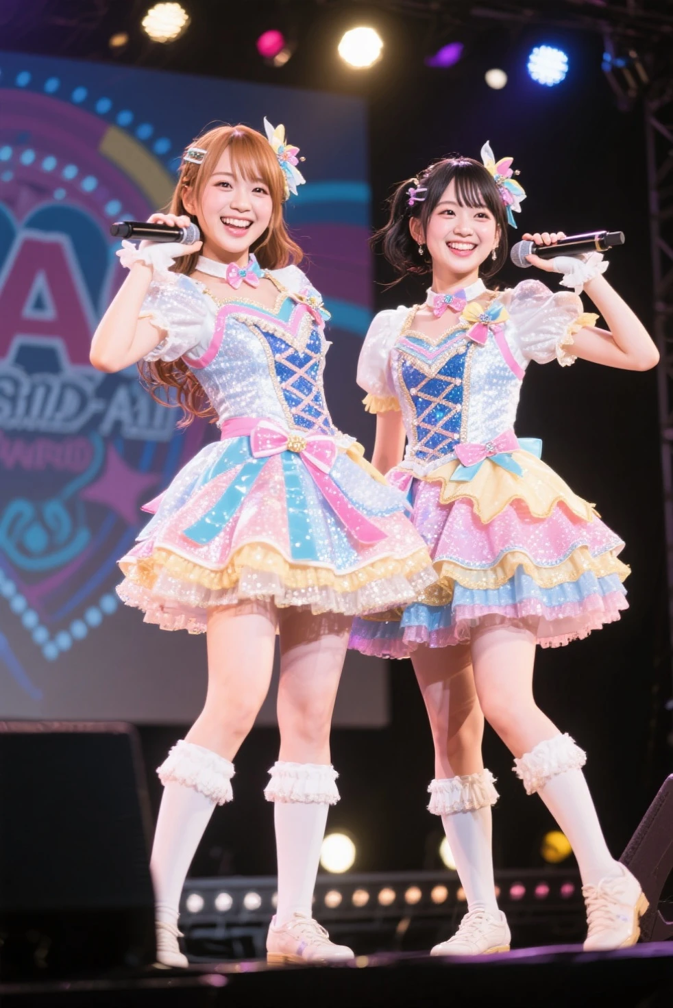 The beautiful dark-skinned Japanese young mother in carnival costume with red and pink feathers dancing on the nightclub stage