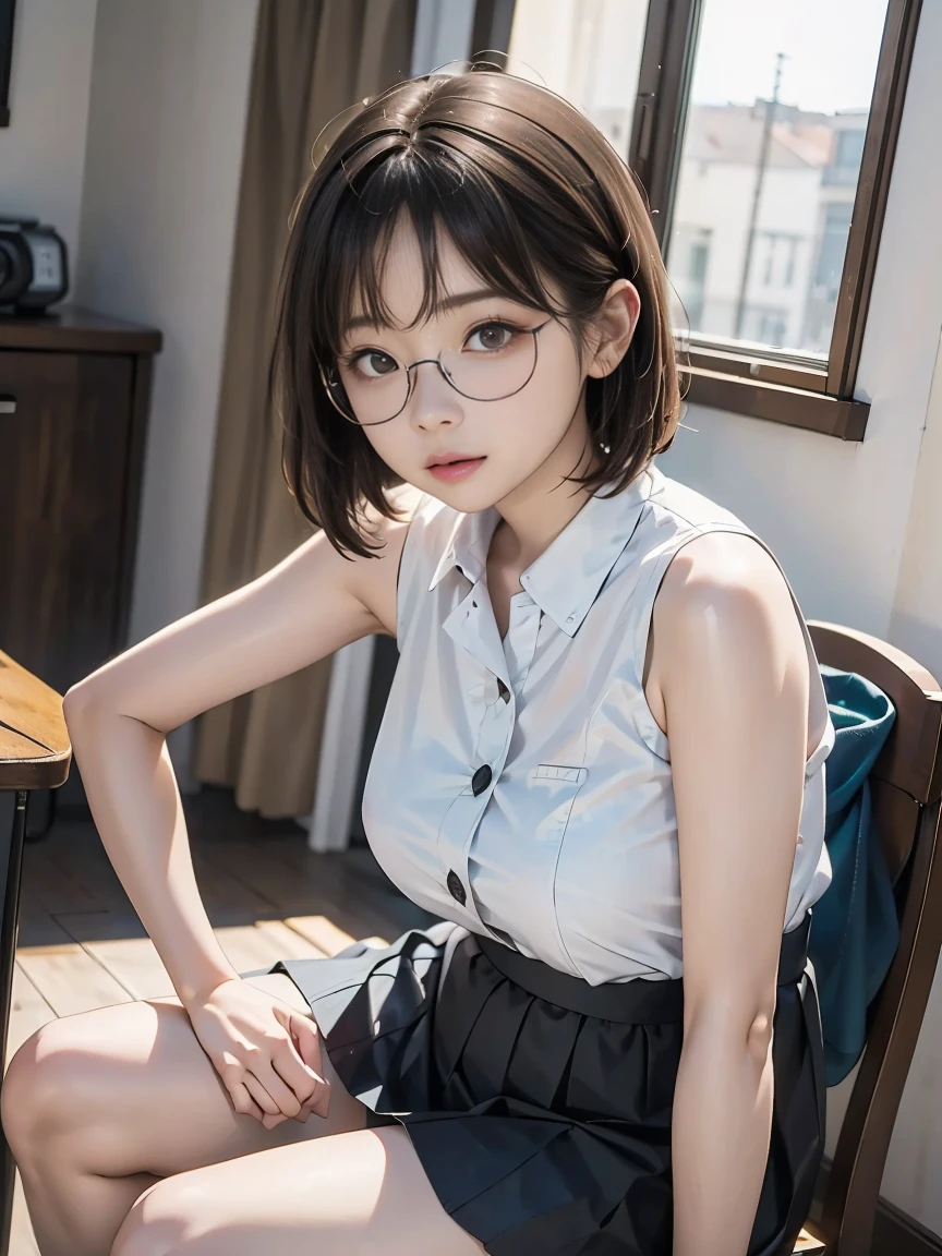 High school students、big breasts、eye glass、book library、unclear、Short Bob、a beauty girl