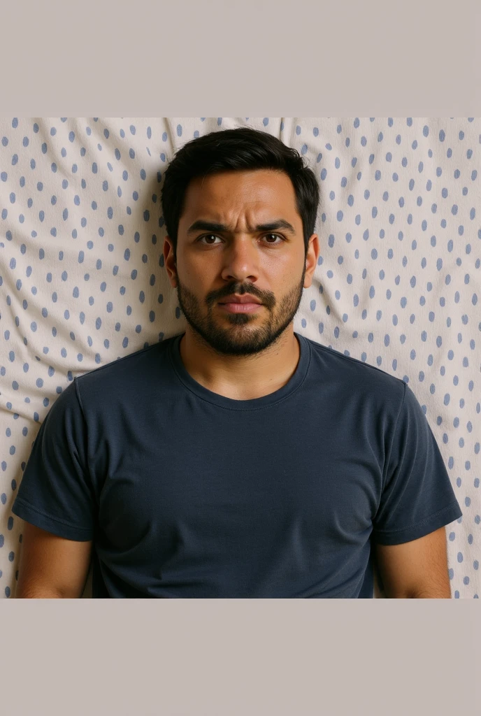 handsome man with short beard screaming with pleasure lying on a bed, light clothes, 30s, round face, cinematic appearance, detailed.