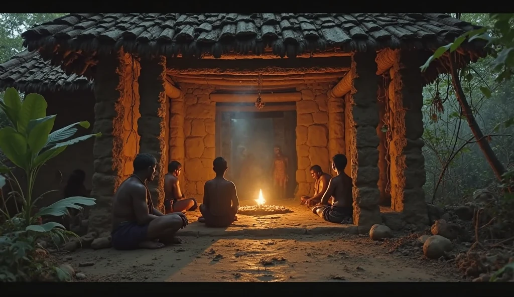 A dark room, a 50 years old man sitting on the floor performing yajna. The back of the man is visible from top angle. The dark room is dimly illuminated by the light of the sacrificial fire.  On the wall in front of the man is a terracotta goddess, seated on Padmasana.
