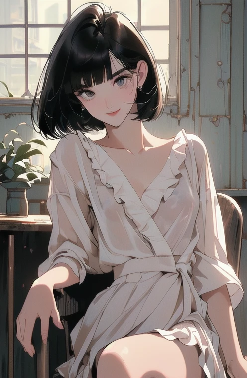 woman, Black Hair, Chignon, White dress, Flat Chest, Lean forward and peer into the viewer, Down blouse, Cafe, sit across from each other at a desk