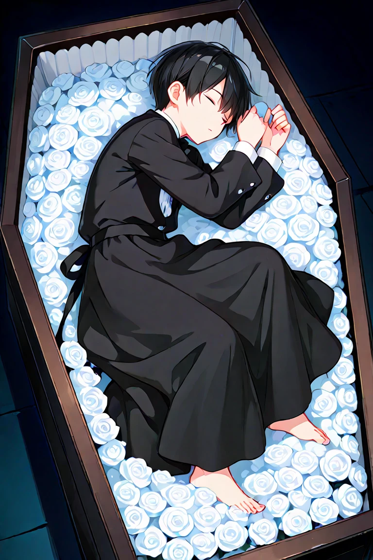 An anime boy who died and is inside a coffin and his relatives are very sad 