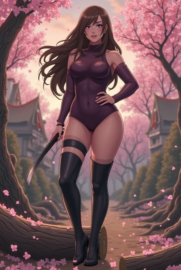 1girl, (((solo))), masterpiece, (high detail:1 1), Rough face, Natural skin, high quality, Hinata Hyuga，(((Very long hair))), long detailed hair, (French braid hair), white eyes,（Big breasts:1.2 ），( smile:1.2），Face blush, (arm behind head:1.5)，Sexy figure, perfect bodies, beautiful eyes, (Detailed face and eyes), (face: 1 2), voices, Extra, real photo, ... ... ........... PSD, sharp focus, contrast lighting, Delicate skin, High definition 8K, incredible details, realistic, professional photo shooting, 8K UHD, SLR camera, soft lighting , high high quality, film grain, Fujifilm XT3, magic, particle FX, (((she wears tight body suit, long sleeves, black boots, knee protectors, arm protectors, she wears tight pants))), (looking at viewer), beautiful smile, (((show vagina))), nipples, (((in the forest, cherry blossom petals))), (((clothes on))), (((standing full body))), ((snow)), (((full body))), (((show pussy)))