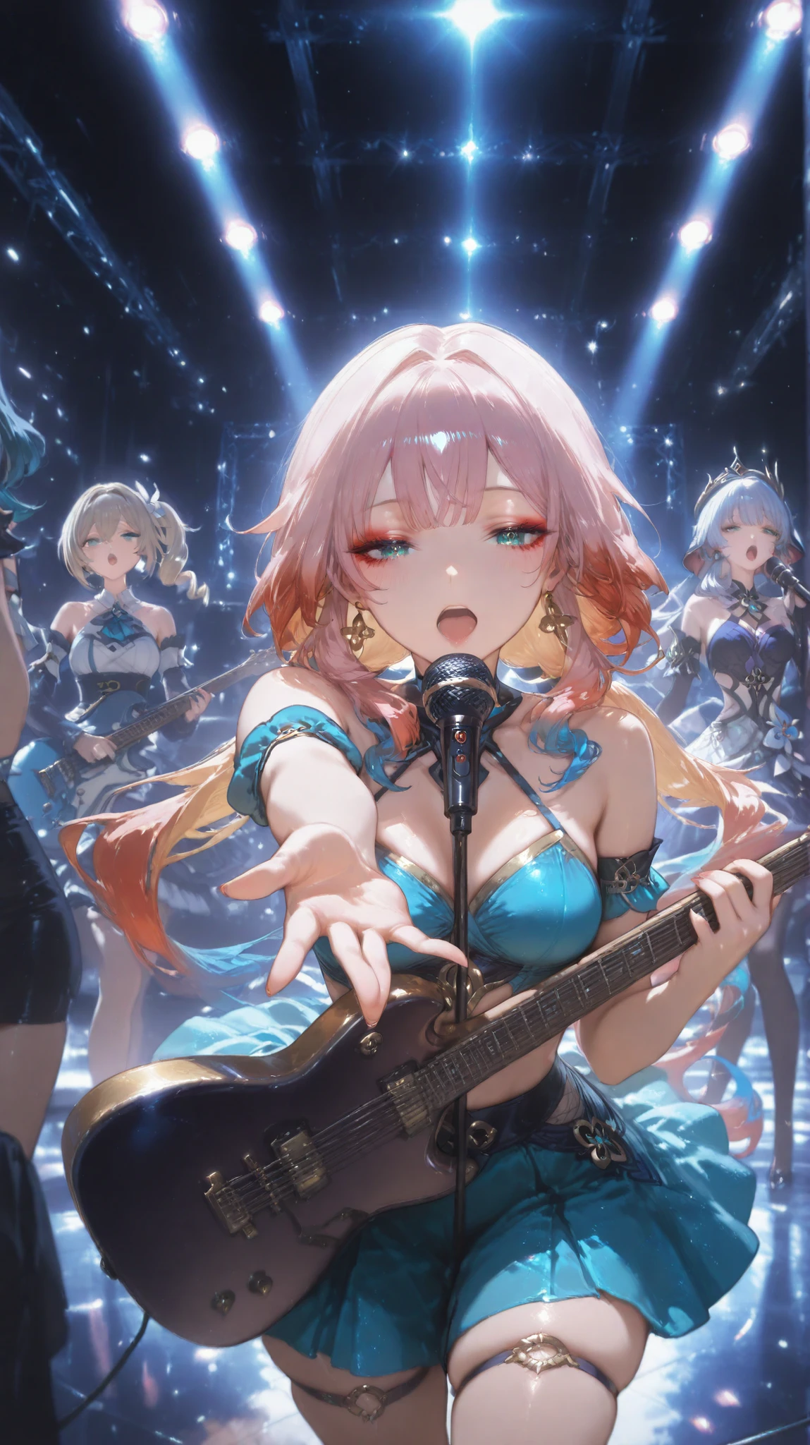  barbara, junjin, nilou (genshin impact) quinteto of Japanese idols, with a playful expression. the woman, who appears to be in her lates or early twenties, 5 female singers with flashy outfits and colorful hair singing, looking directly at the viewer, her body is slim, on the right side of the image, a hand is reaching out towards the viewer,LED strip lights, 3girls, unrivaled beauty, gradient hair,skindentation, microphone stand, makeup,singing. robin (honkai: star rail) and astra yao (zenless zone zero ) Two women play guitar, she is facing the viewer with a neutral expression, and her eyes are looking directly at the viewer, her body is slim, on the right side of the image, holding guitar,