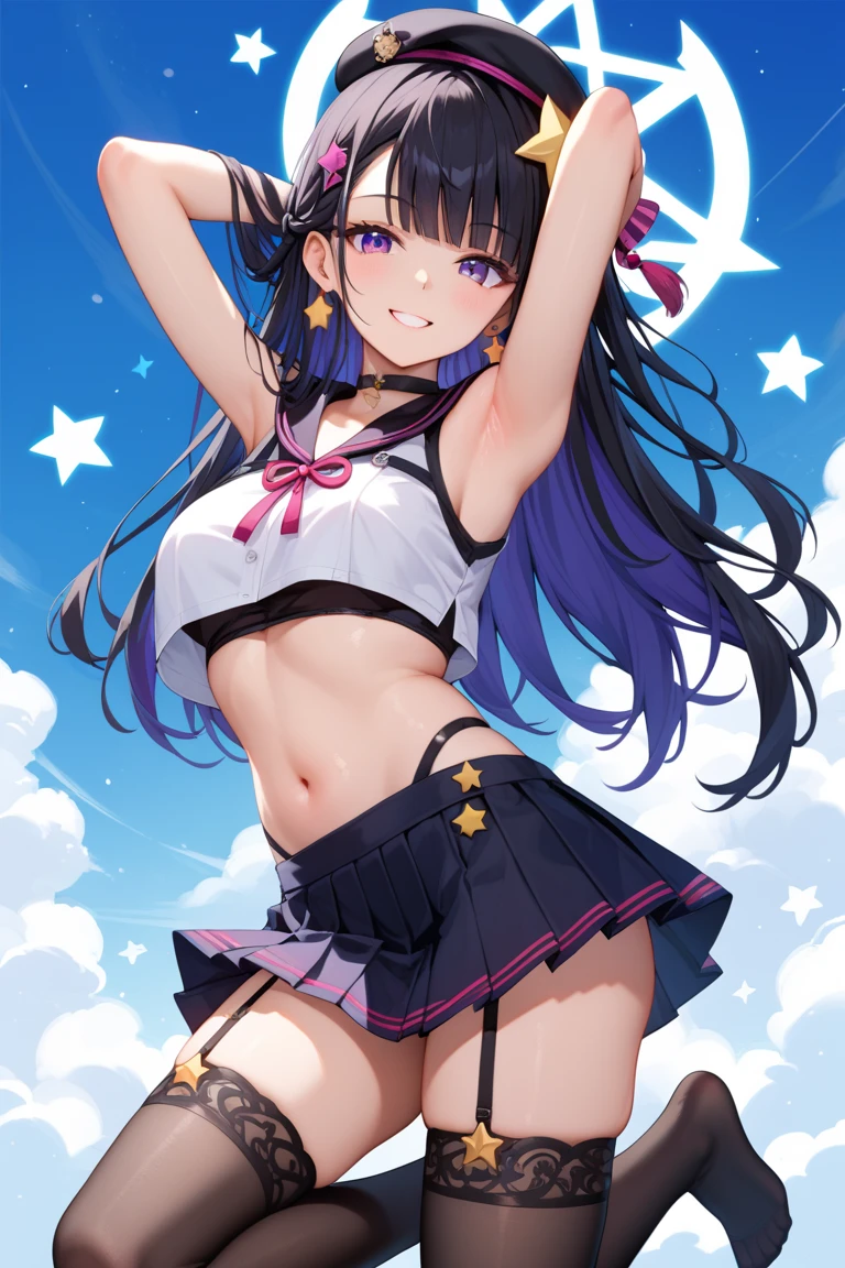 （masutepiece:1.3), Rich in pH 、1girl in、 Solo、(Best Quality:1.3), High resolution, Couboy Shot, on  back,Superb view、(One Cute Girl:1.3), Solo, huge smile、Big iridescent heart on background、Angel Ring、with full of stars、Meteor swarm、long purple gorgeous hair，Smile，Open mouth ，Caregiver，hospitals，White nurse's uniform is fluttering，Take off、White nurse hat，Sit down, Spread your legs and reach out、Opening legs、looking at viewert，Underwear is sheer、The color of underwear is black、yogapose、yoga、Iridescent eyes,Wearing a rainbow-colored aura from the whole body、 Shadow lighting,Buttocks、M-shaped legs、yoga pose、perspiring、Love Juice、Juice、Sweat sweat、To A、Straighten your back