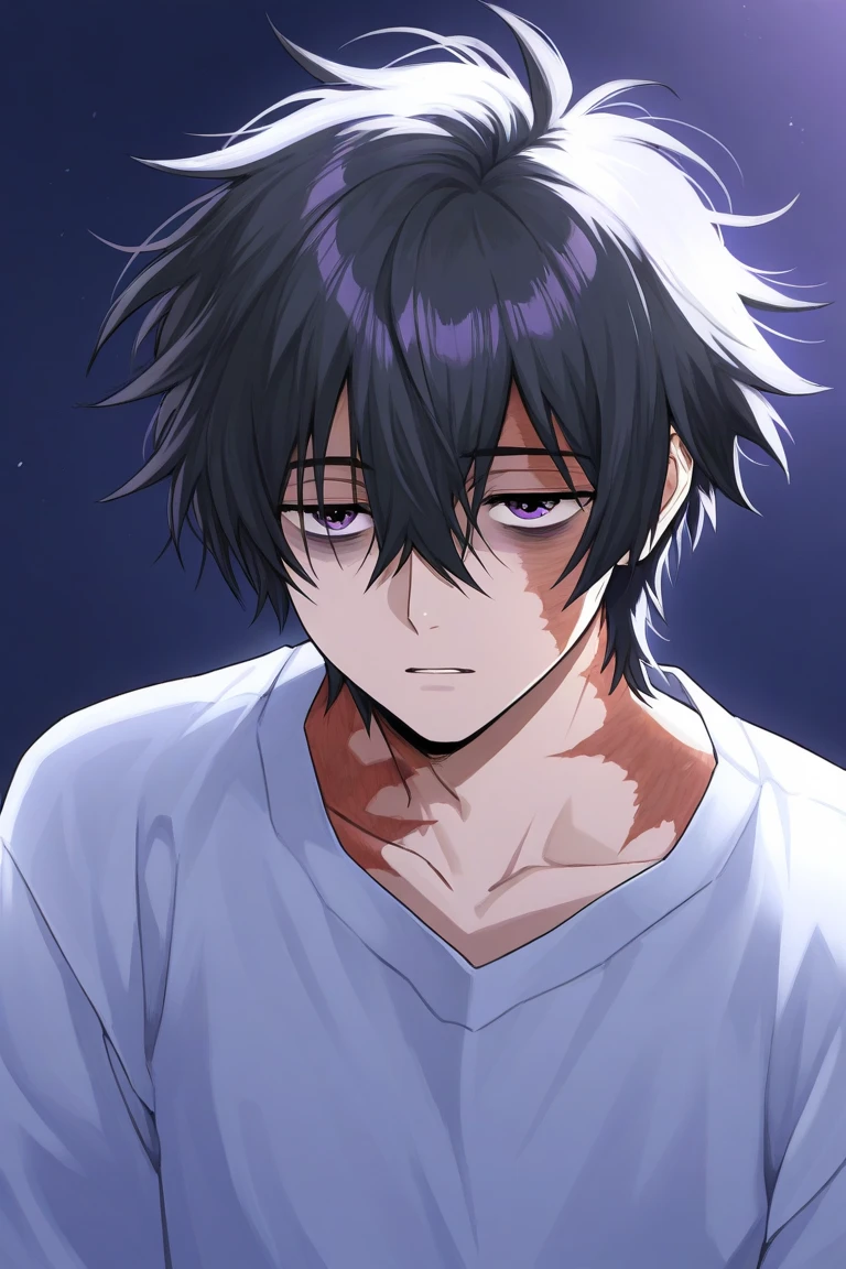 Ecchi anime style, 1 chico, man, black hair, disheveled hair, blue eyes, Dull eyes, Dead eyes, baggy eyes, carefree look, pose sexy, defined body, white sweatshirt, blood stains, shadows,