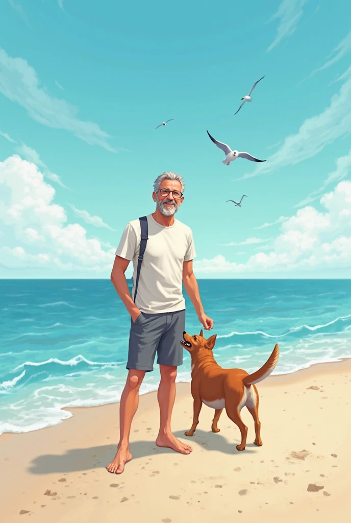 I am a stocky middle aged man with my caramel colored furry dachshund dog sitting on the beach chair on the beach looking at the horizon 