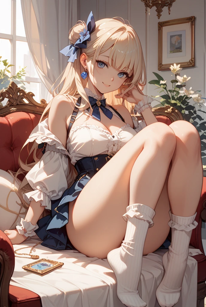 High resolution, ((Highest quality)), (Very detailed),Cinematic lighting、 (beautiful), ((Detailed hotel large bed top:1.3)), alone,(10 years old:1.3)、beautiful顔、Fine grain、(Glossy lips:1.3),Slender figure、(Narrow waist:1.4)、(alice in wonderland costume:1.4),Anatomically correct、Off-the-shoulder dress、(Wide open chest:1.5)、(Large Breasts:1.5),Pink nipples、Thighs、White and clear skin、Blue ribbon on head、Shiny pale colorful blonde long hair,Face of joy、White lace panties are visible、Female organ、(Spreading her legs:1.5)、