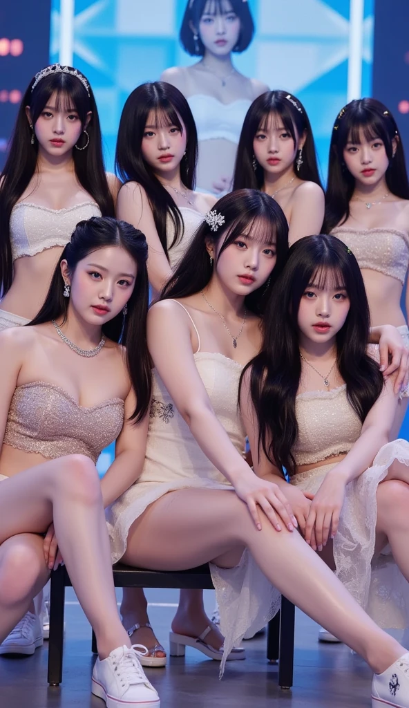 beauitful face、(Three Girls:1.5)、K-pop singer、Singing on stage at a concert、Cool jacket、(a miniskirt:1.4)、(with spreading legs:1.7)、(white panties:1.3)、(A detailed face)、(A detailed eye)、(Detailed lips)、make up、(At SFW:1.0)
