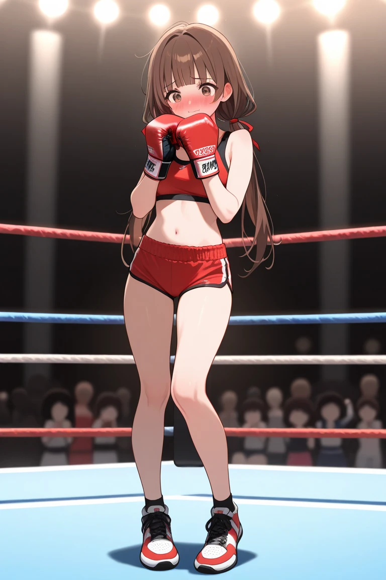 Best image quality, very delicate and beautiful, Japan person, small, bluish-green eyes, girl, , (alone), ((red bean hair)), long hair, two knots, white micro bikini, (lower body is white micro bikini), bangs, professional wrestling, audience seats, large number of spectators, crowd view, standing, hands behind hips, fighting, smile, professional wrestling shoes