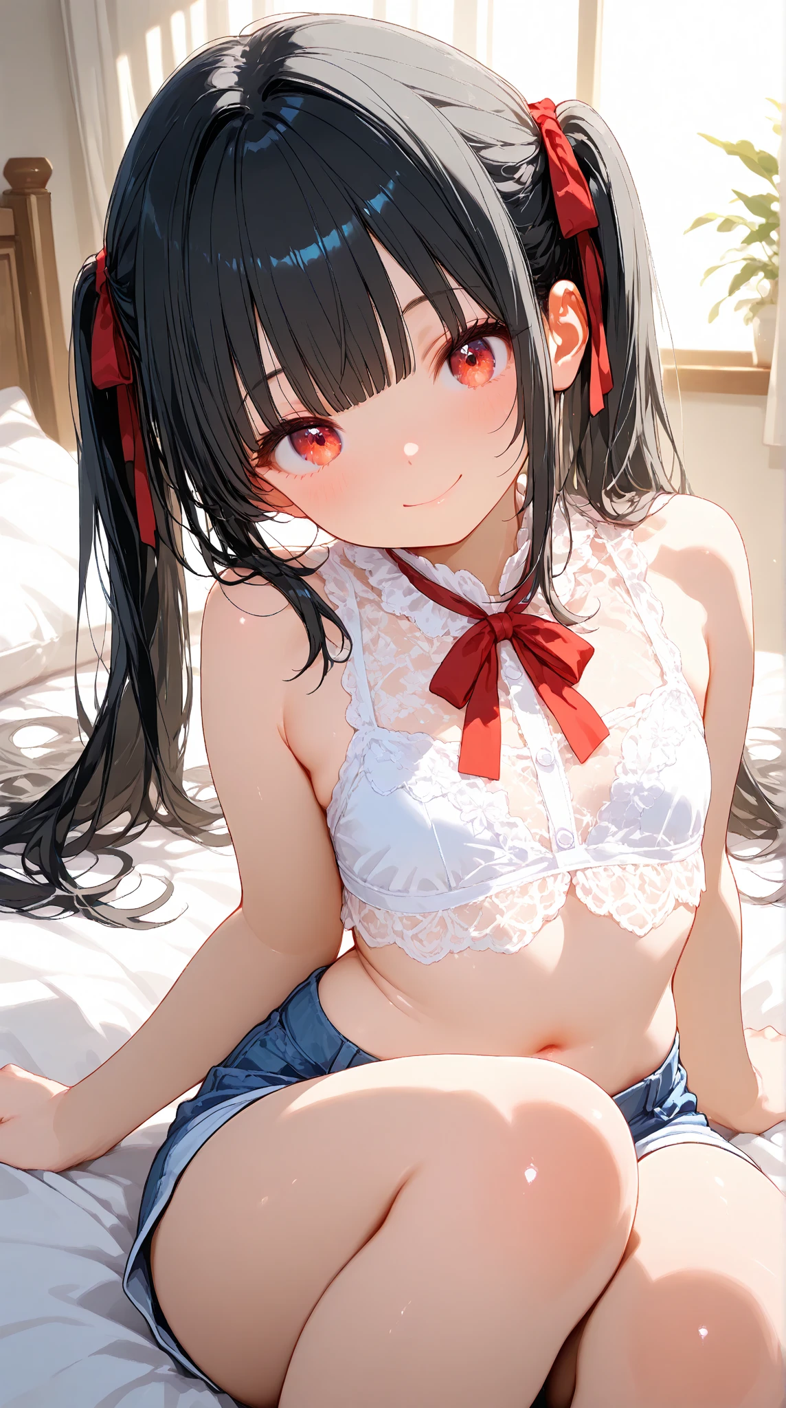front view,1girl,Beautiful girl at ,Japanese,Slender,small breasts,Baby Face,Small face,Black Hair,Row Twin Tails,Gray Eyes,Drooping eyes,middle School girls,A see-through black and red negligee,lingerie,open mouth,tongue out,front face,kneel,Hands Behind Back,Put your chin forward,Beautiful and detailed anime art,Sad look,front view,high angle, looking at viewer, looking ahead, from above,face focus,Sexy vibe,cum on tongue,Dimly lit room,Beautiful room,On the bed,blurry background