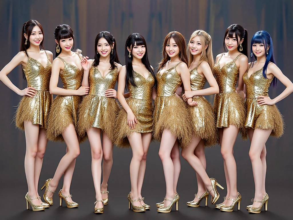 4 slender women、masutepiece、超A high resolution、Powerful images、8K、Cute smile、韓国アイドル、Cute yet sexy style、gold metallic costume、Recording a singing program in the studio、